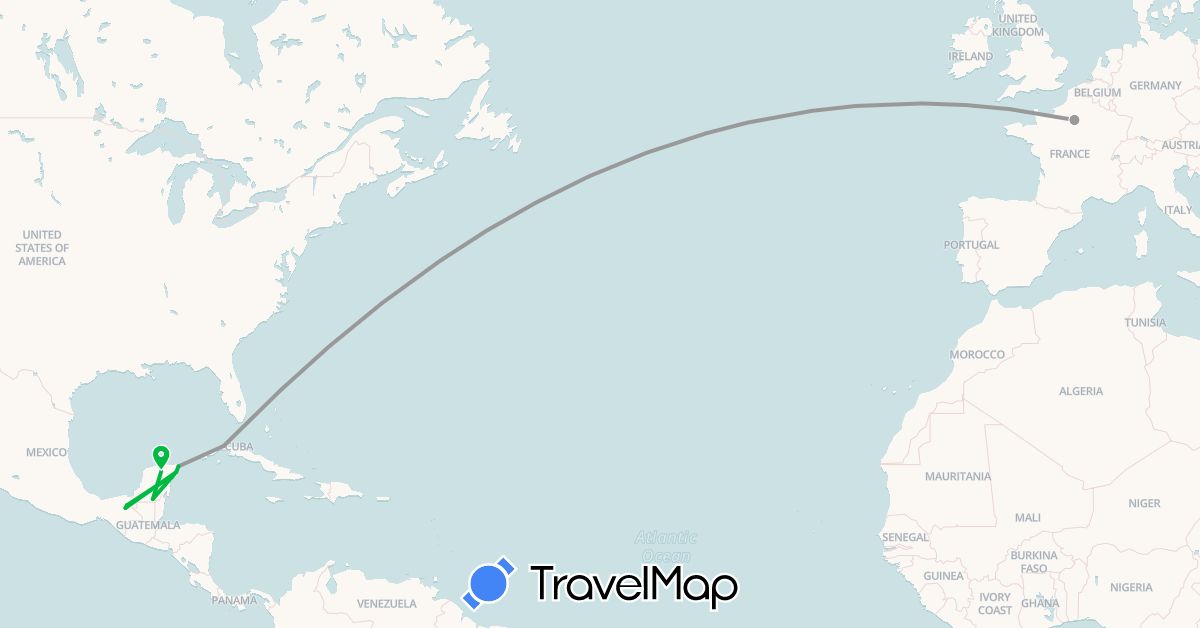 TravelMap itinerary: driving, bus, plane in Cuba, France, Mexico (Europe, North America)